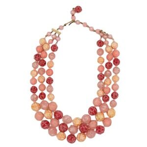 West Germany Lucite Pink Celluloid Carved Graduated Multi strand Necklace Vtg